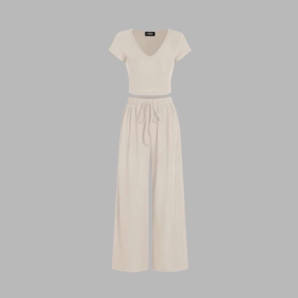 Cider V-neck Short Sleeve Tee & Knotted Wide Leg Pants Set Size Small